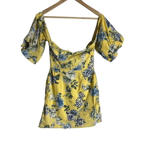 J.O.A. Yellow Floral Balloon Sleeve Off The Shoulder Mini Dress XS - Picture 13 of 14